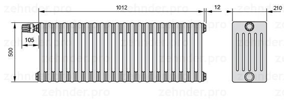 Схема (чертеж) Радиатор Zehnder Charleston 6050/22 №V012 Белый глянцевый RAL 9016